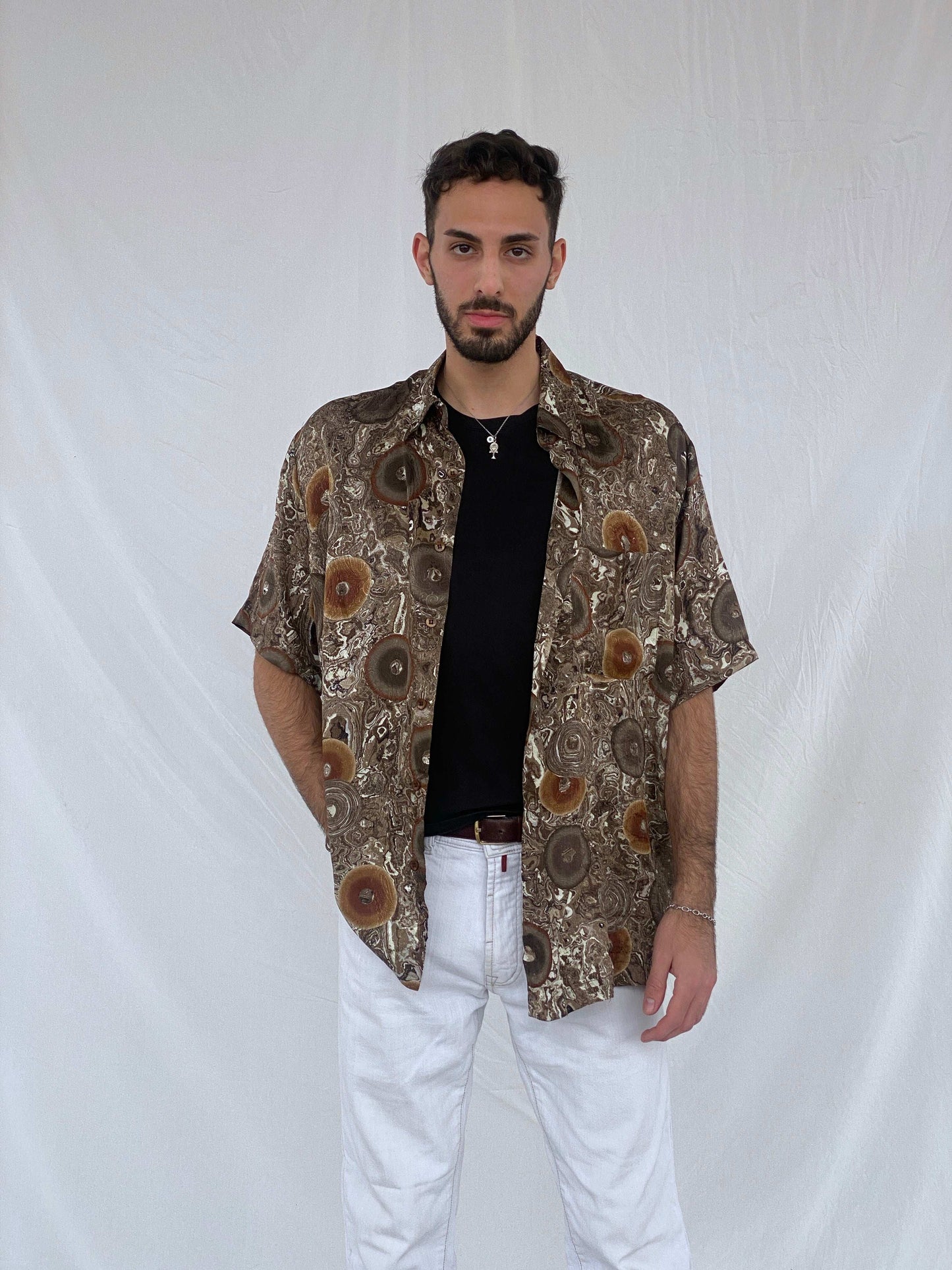 Vintage Alan Stuart Brown Swirly Silk Shirt Size L - Balagan Vintage Half Sleeve Shirt 90s, Awsam, half sleeve shirt, mens shirt, NEW IN, printed shirt, printed silk shirt, silk shirt