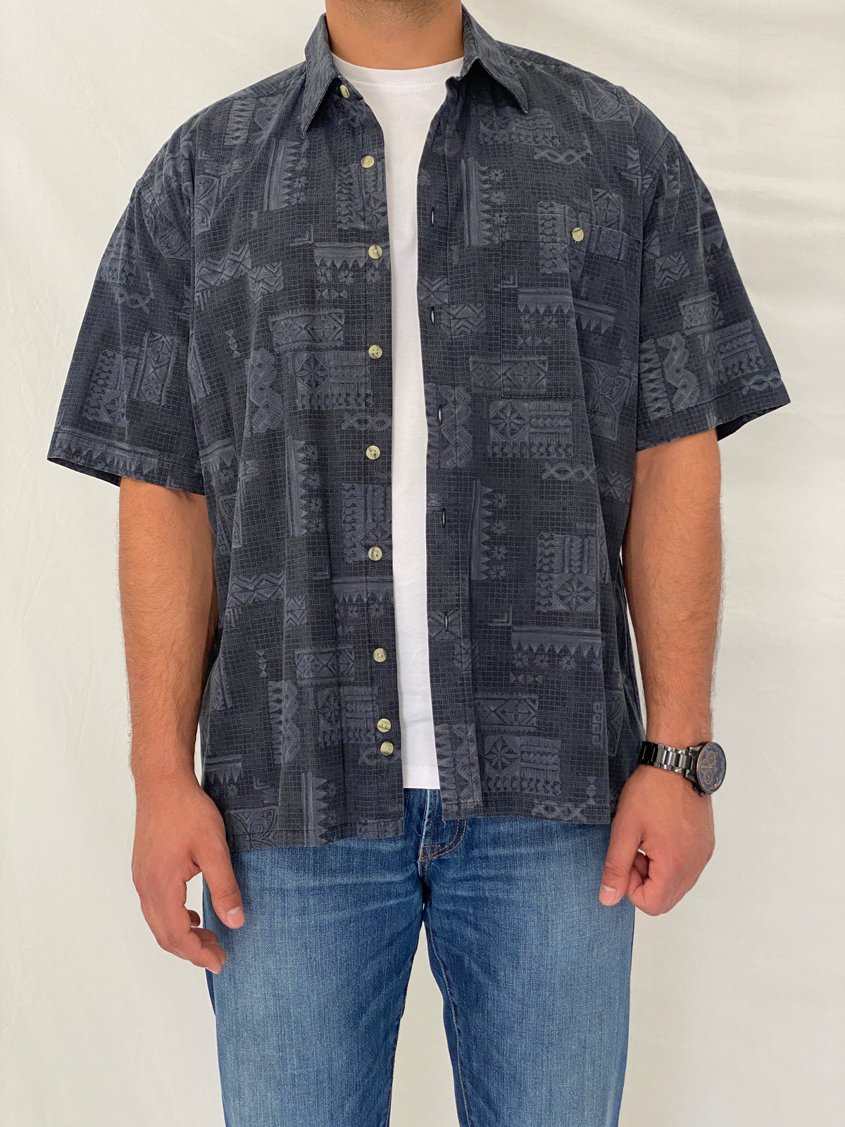Vintage Batik Bay Navy Tribal Print Cotton Hawaiian Shirt – XL Vintage Batik Bay Navy Tribal Print Cotton Hawaiian Shirt – XL