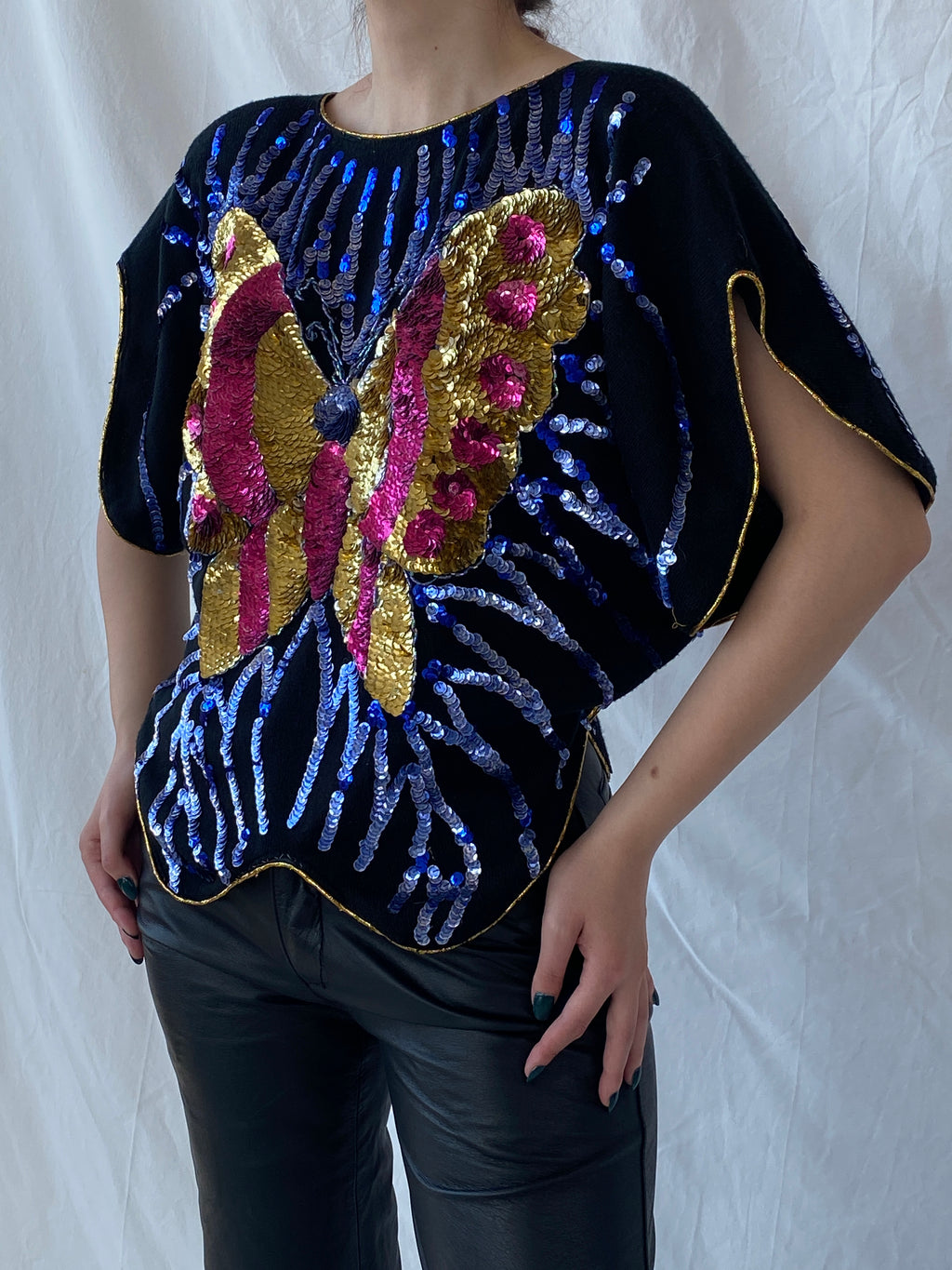 Vintage Y2K Alzouhour Sequined Butterfly Black Top - M