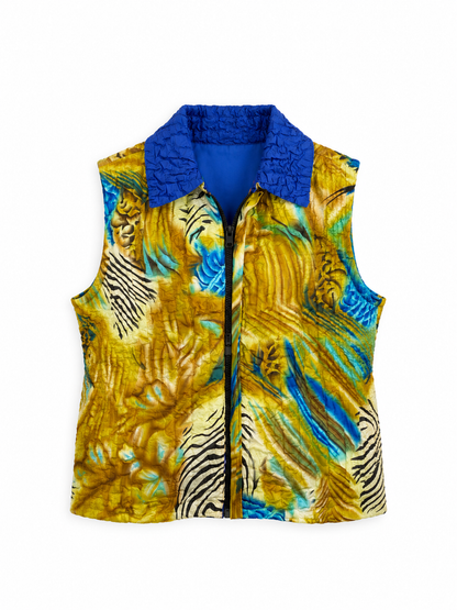 Vintage 90s Reversible Blue Yellow Abstract Crinkle Quilted Zip-Up Vest – L