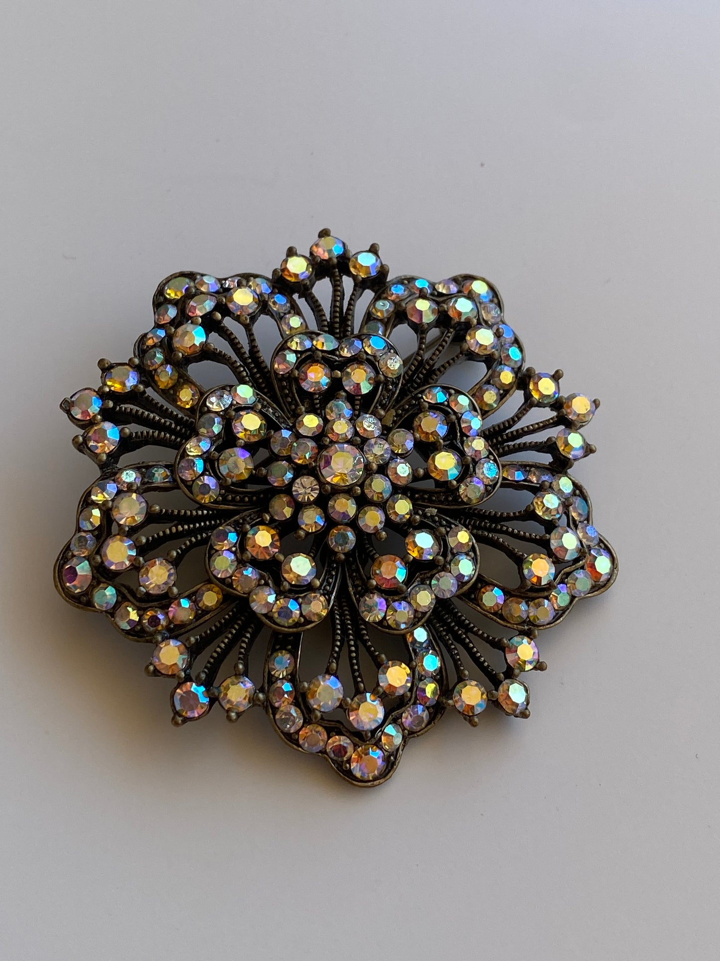 Vintage Aurora Borealis Rhinestone Bronze Floral Statement Brooch