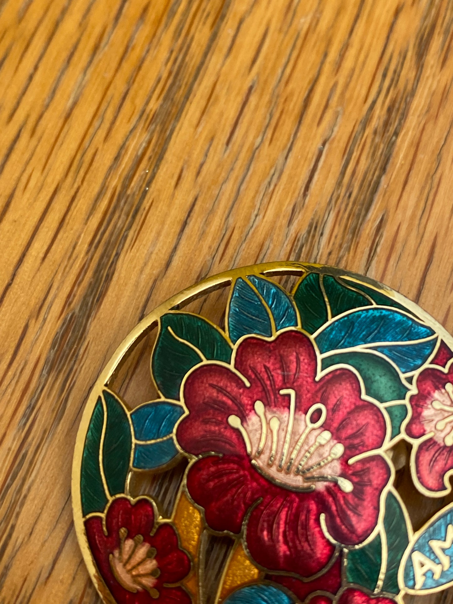 Vintage AMIT Enamel Floral Brooch Pendant Gold Tone Cloisonné Style Flower Medallion