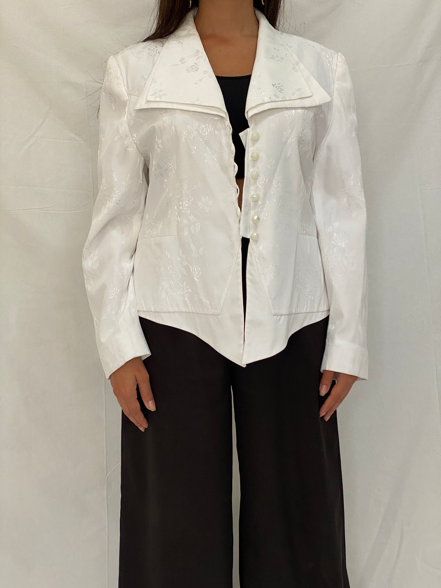 Vintage Allíson-ché Paris White Floral Satin Blazer Bridalcore Statement Jacket - L