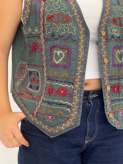 Vintage Weekend Provisions Sage Green Cotton Embroidered Boho Vest – XL