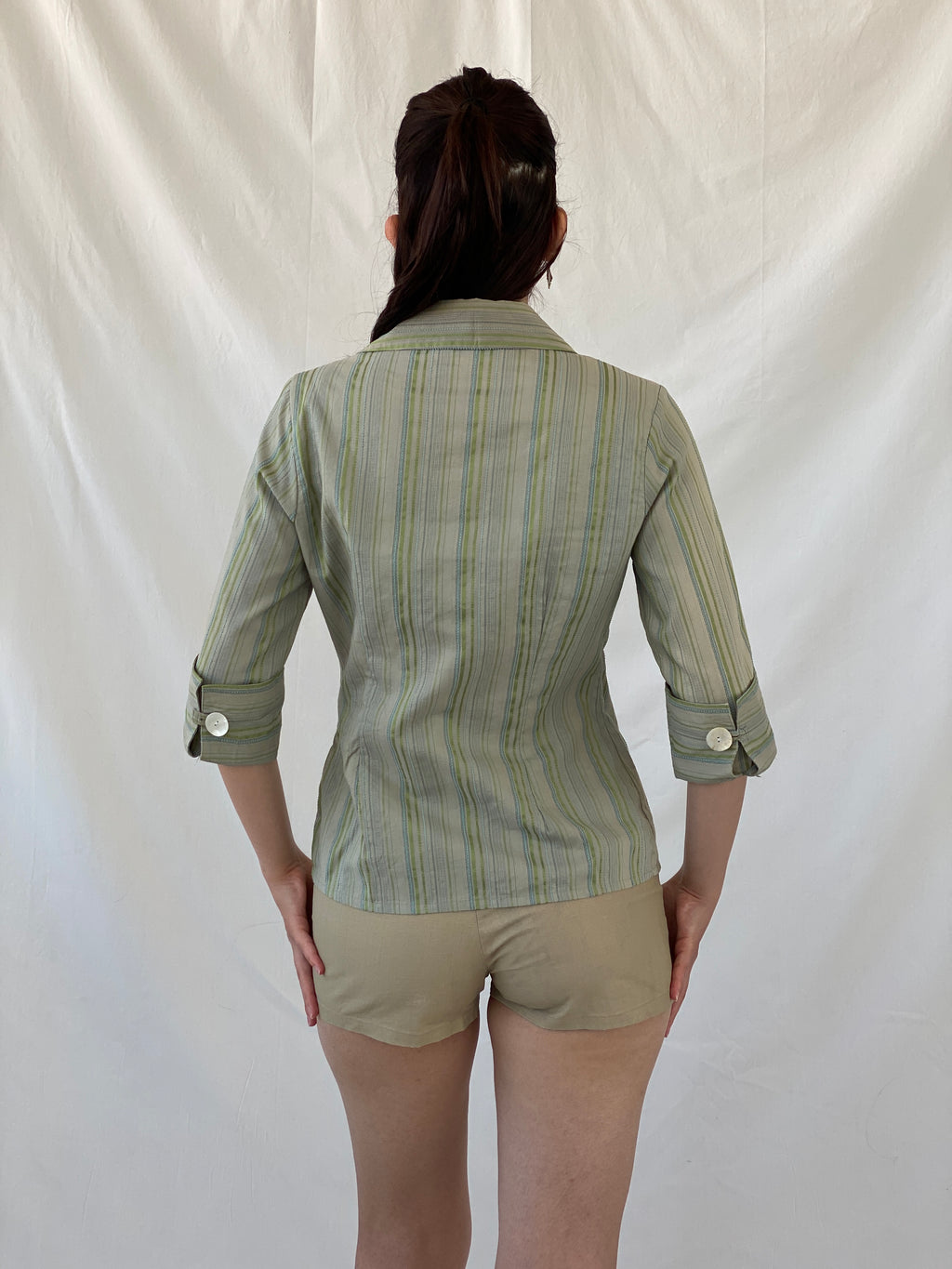 Y2K Kiabi Woman Office Core Green Striped Asymmetric Buttoned Shirt - M