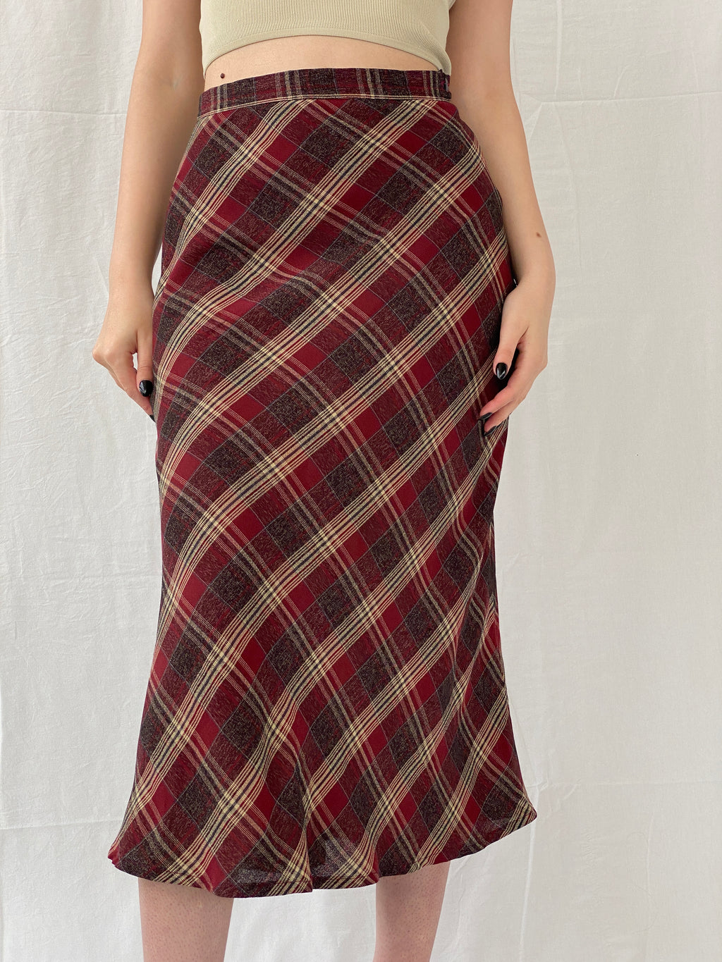 Vintage Handmade Maroon Plaid Flannel Tartan Midi Skirt - M