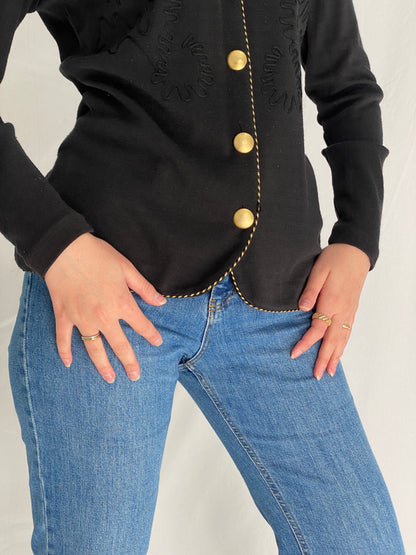 Vintage Liz Claiborne Embroidered Gold Button Black Cardigan - M