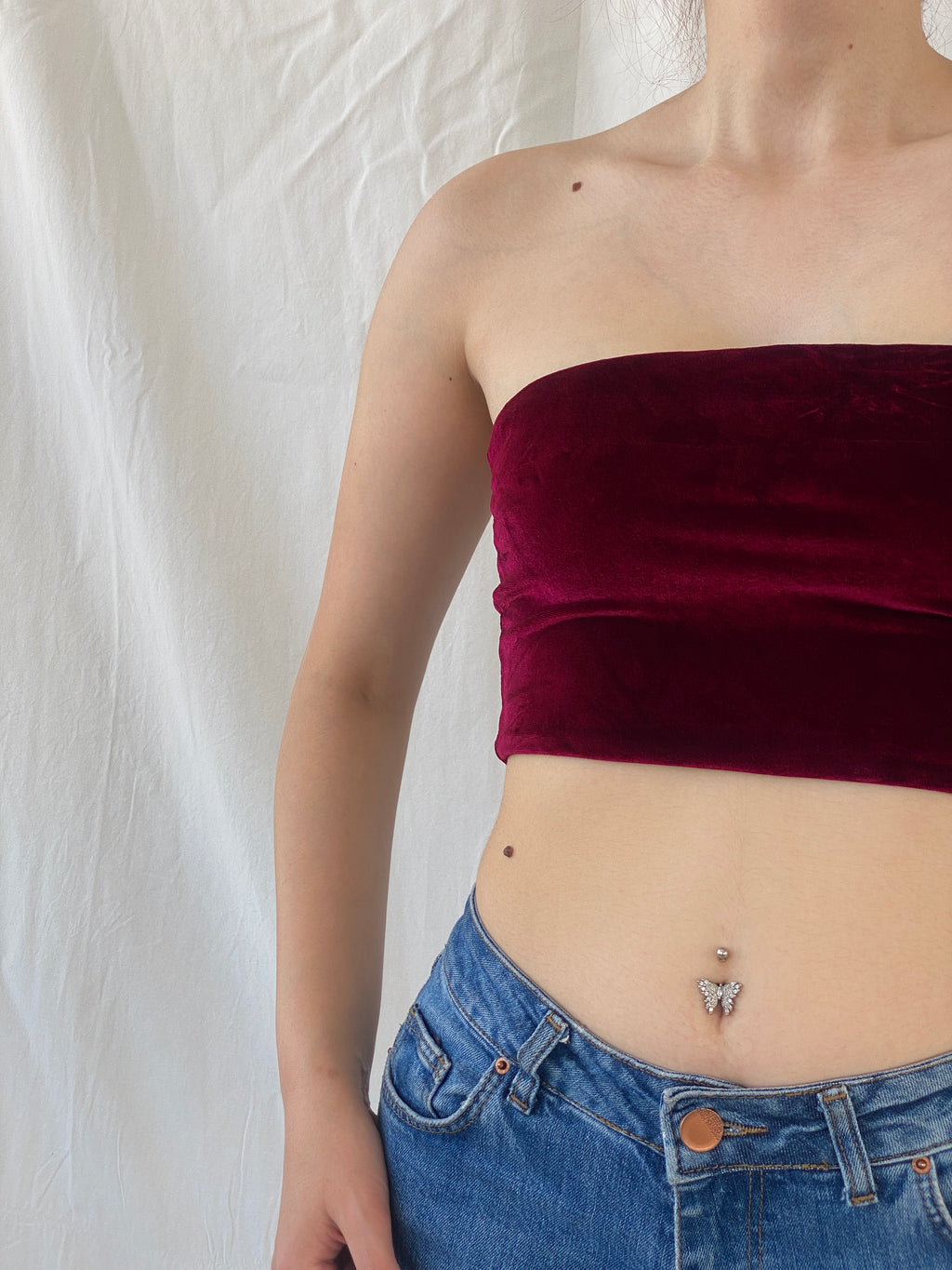 Y2K Supré Velvet Burgundy Crop Tube Bandeau Top - S