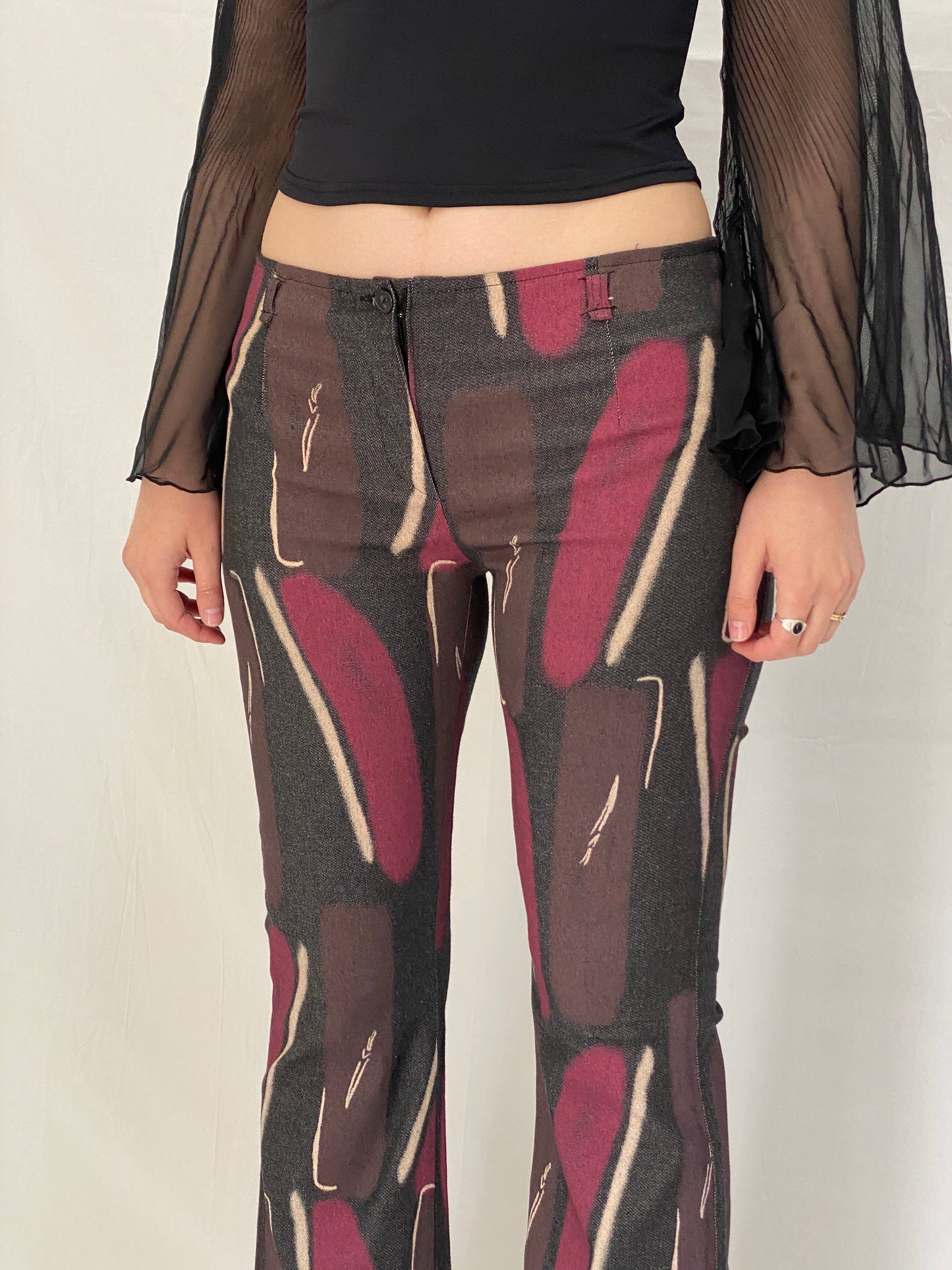 Vintage RECHE Abstract Art Flared Brown Burgundy Graphic Denim Pants - 38EU