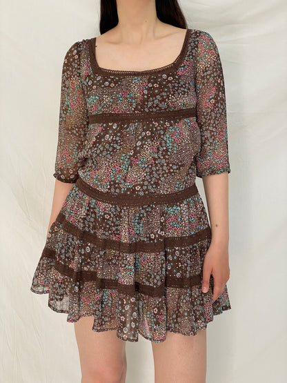 Vintage Y2K Pimkie Brown Floral Babydoll Mini Dress Sheer Cottagecore Boho Dress - M