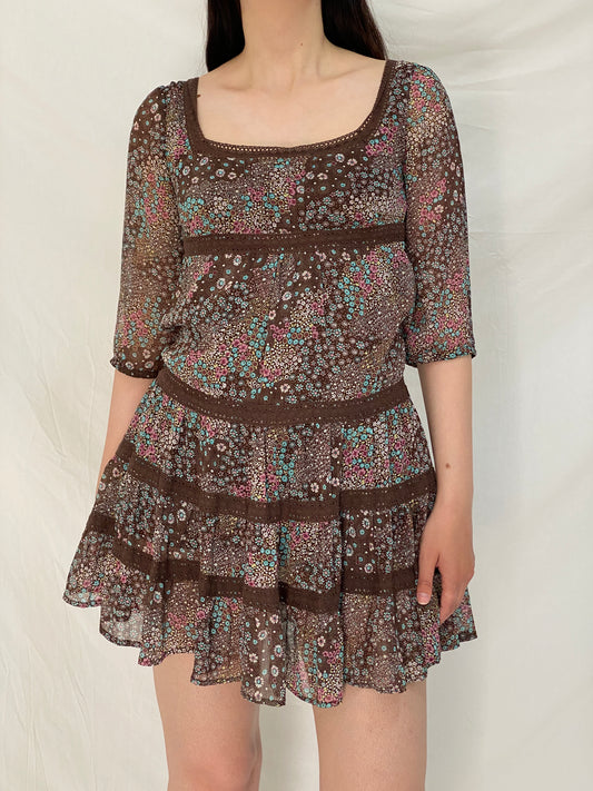 Vintage Y2K Pimkie Brown Floral Babydoll Mini Dress Sheer Cottagecore Boho Dress - M