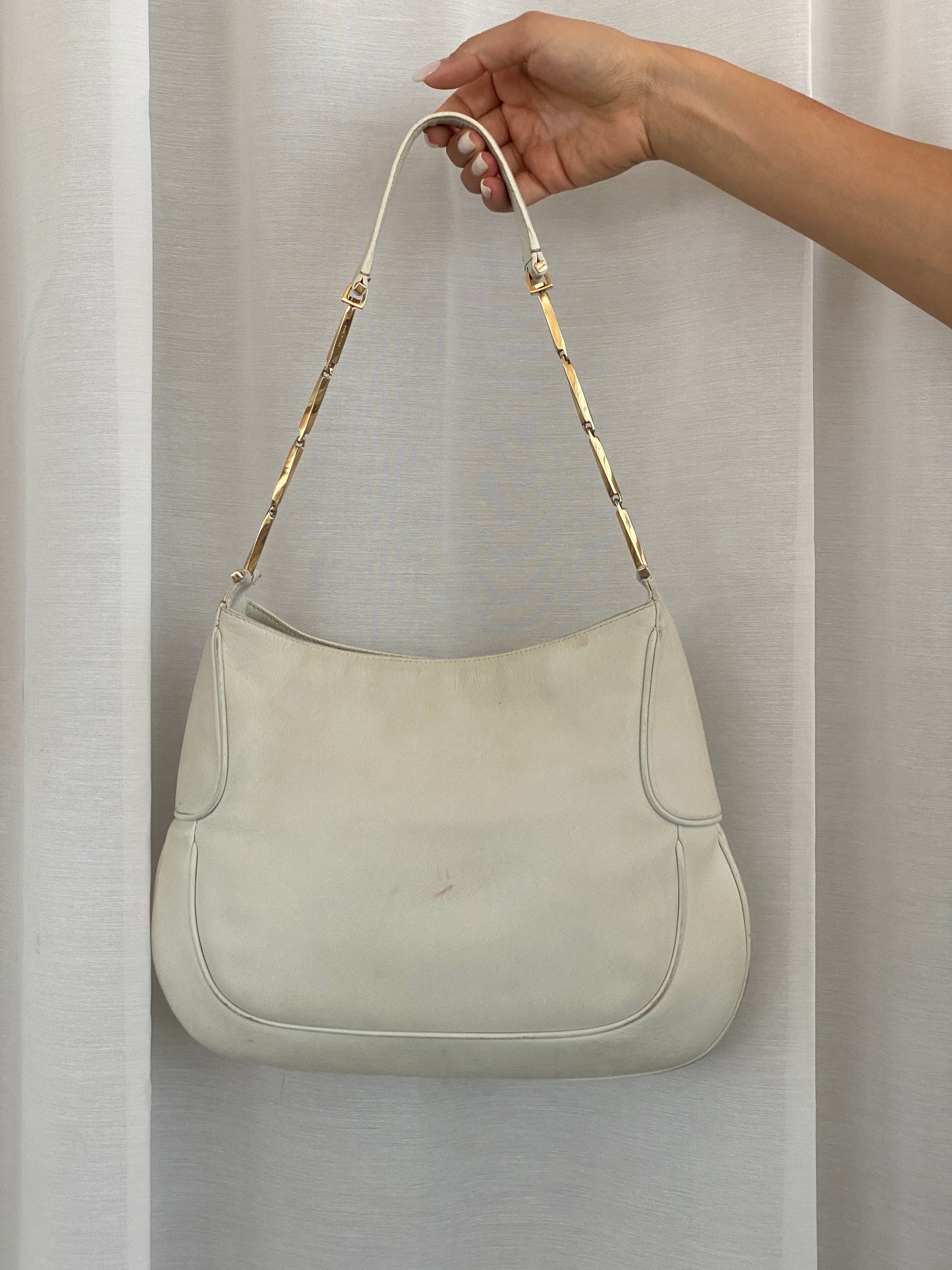 Vintage Salvatore Ferragamo White Leather Purse Gold Handle Shoulder Bag