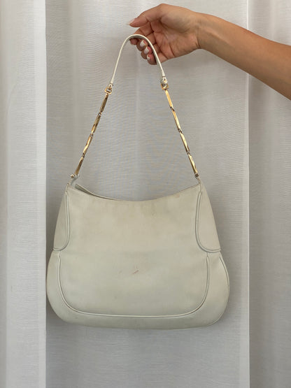 Vintage Salvatore Ferragamo White Leather Purse Gold Handle Shoulder Bag