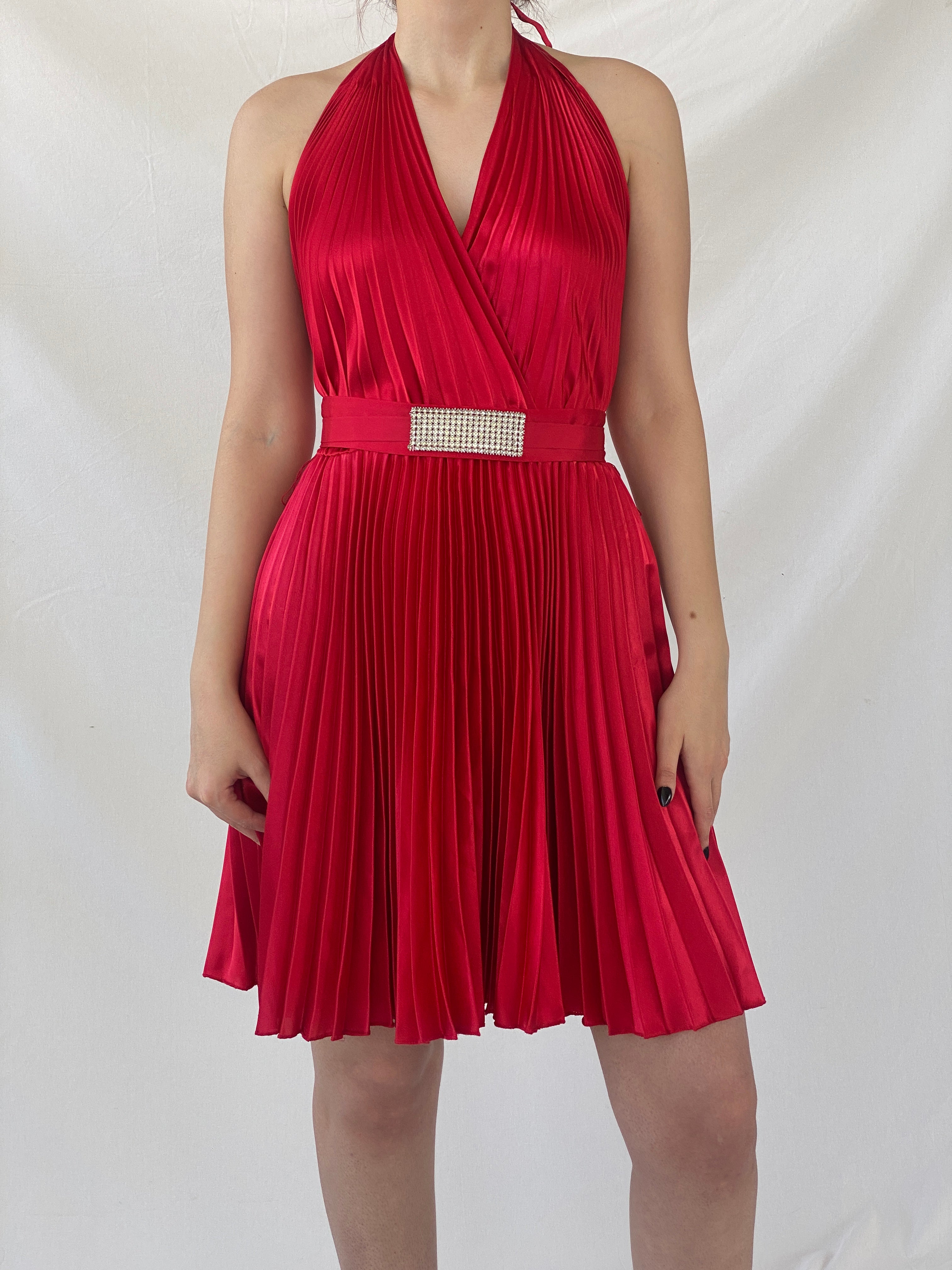 فستان جوزيف ريبكوف أحمر مطوي بياقة دائرية - مقاس صغير Y2K