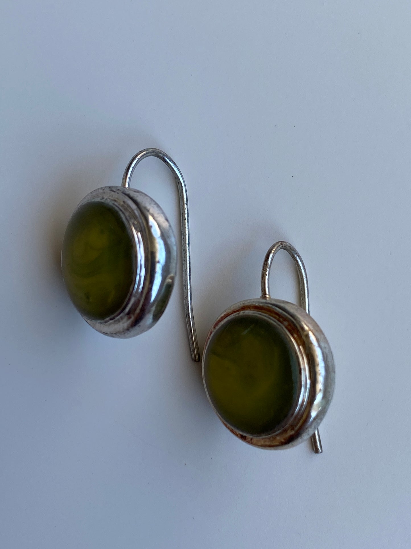 Vintage-Inspired KC Olive Green Cabochon Silver-Tone Drop Earrings
