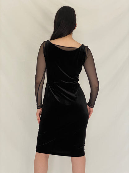 Elegant DKNY Black Velvet Mesh Sleeve Minimal Sheer Detail Midi Dress – S