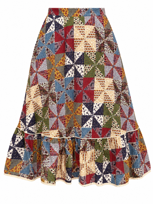 Vintage 70s-Inspired Cottagecore Patchwork Print Midi Skirt – M
