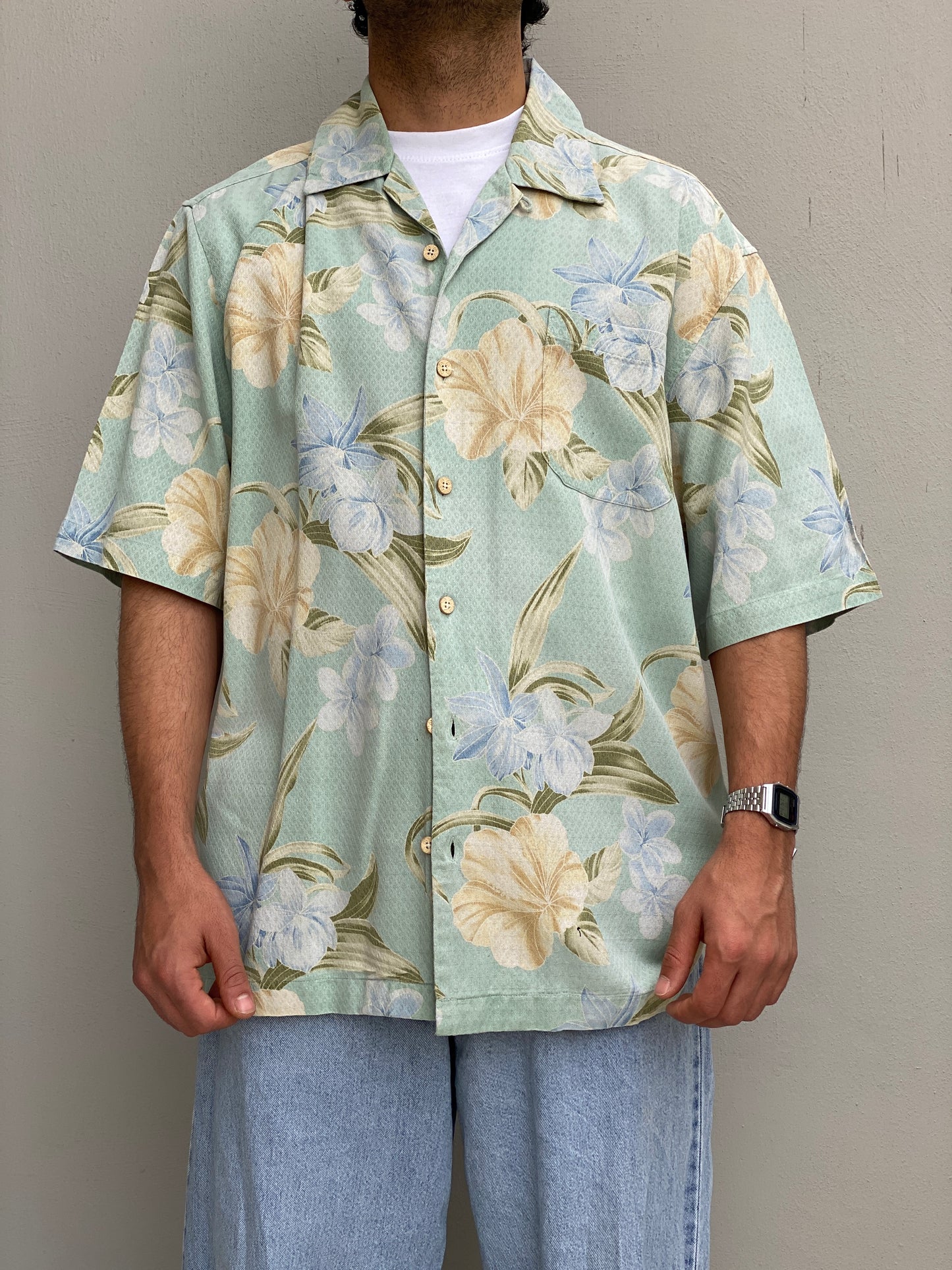 Vintage 90s Jamaica Jaxx Silk Hawaiian Shirt Mint Green Floral Tropical Resort Button Up - L