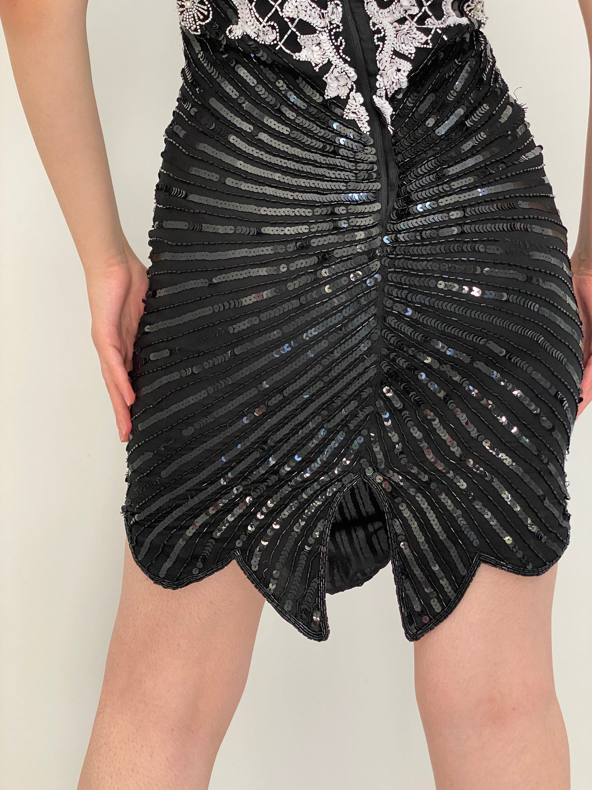 Vintage 80s Laurence Kazar Black & White Silk Beaded Sequin Cocktail Dress - M