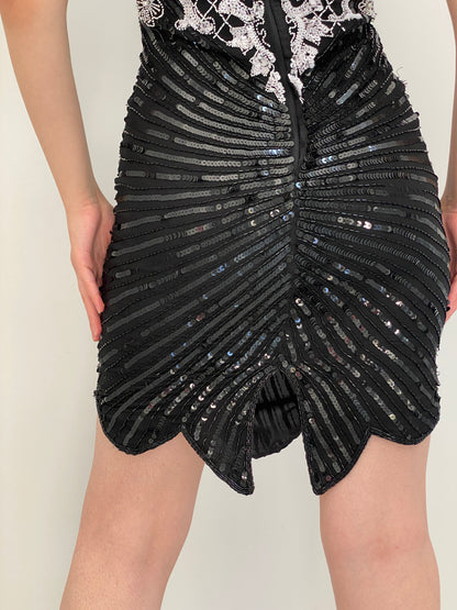 Vintage 80s Laurence Kazar Black & White Silk Beaded Sequin Cocktail Dress - M