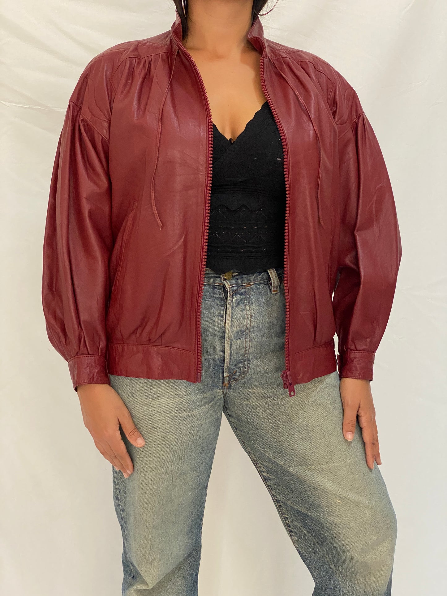 Rare Vintage Humberto J'Re Maroon Leather Bomber Dolman Sleeve Jacket - L