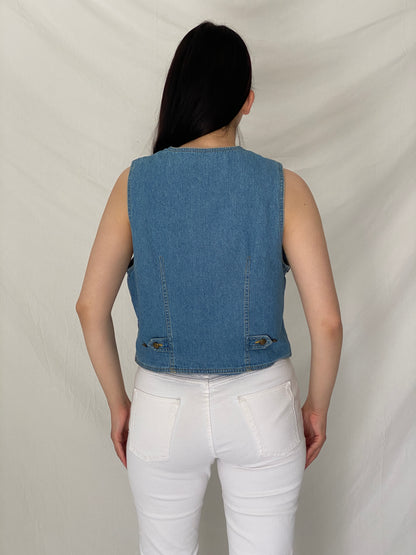 Vintage Y2K Liz Wear Denim Vest Boho Tapestry Trim Button Front Cropped Jean Vest – M