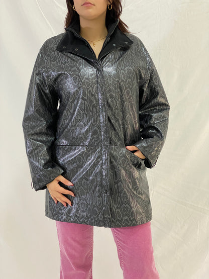 Vintage Lisa Tossa Black Metallic Snake Print Long Raincoat Jacket – M