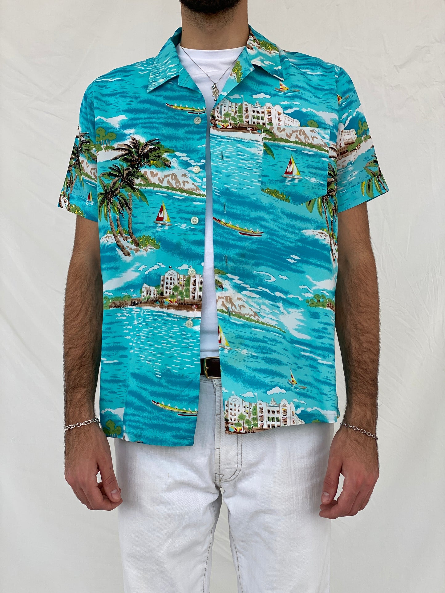 Vintage Romani Graphic Hawaiian Blue Beach Shirt - L