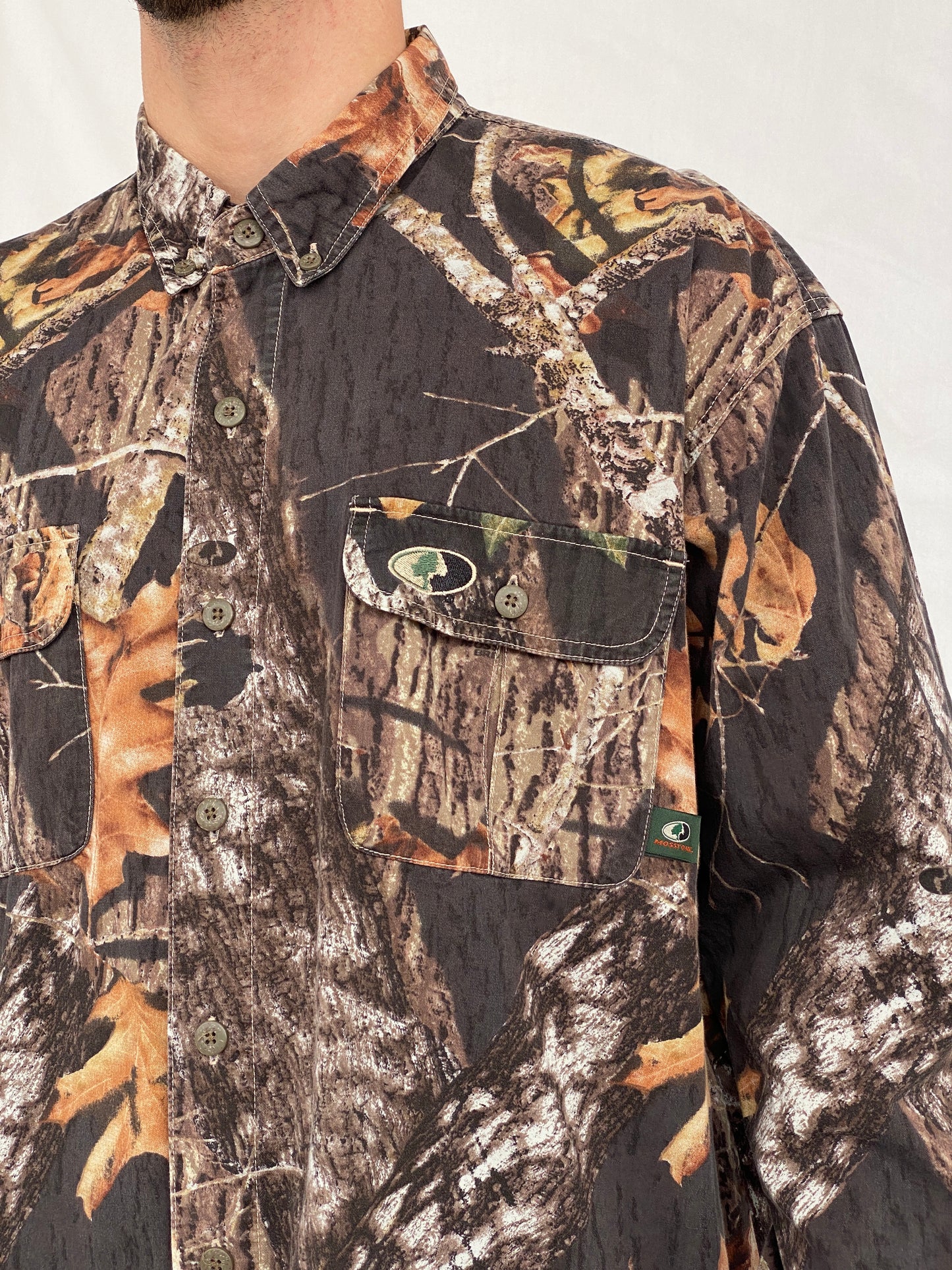 Vintage Mossy Oak Camo Break-Up Woodland Camouflage Button Down Long Sleeve Hunting Shirt - XL