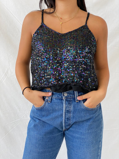 Vintage 90s Sequined Silk Cami Top - M