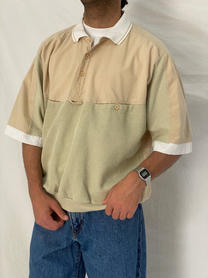 90s Beige Ribbed Elastic Waist Polo Top Minimalist Color Block Shirt – L