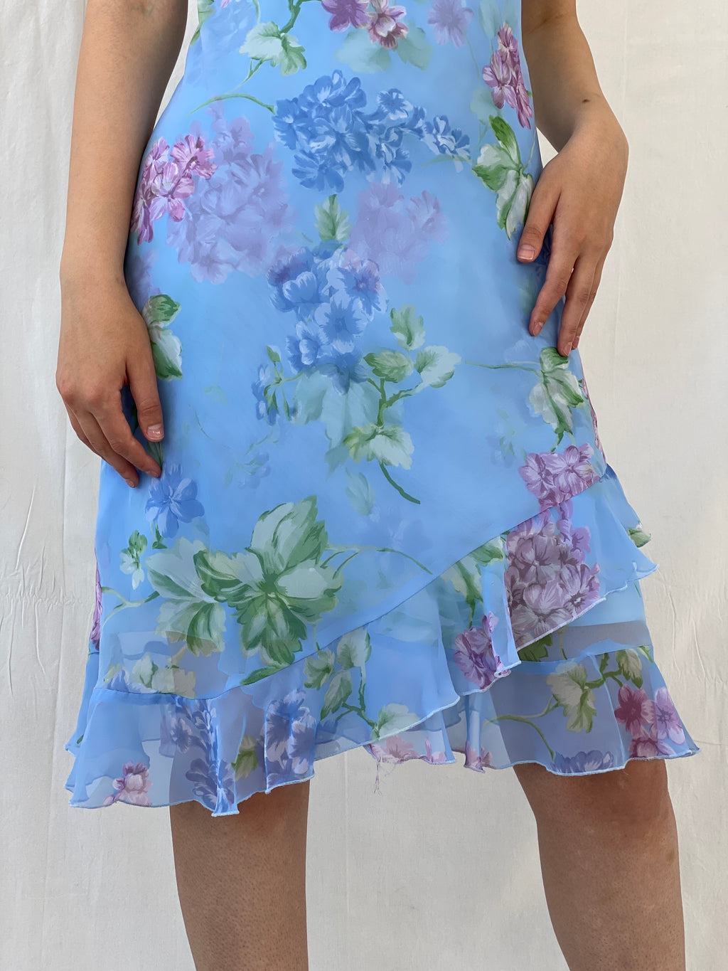 Cute Vintage Y2K D.B.Y. Blue Floral  Midi Asymmetrical Hem Dress - S