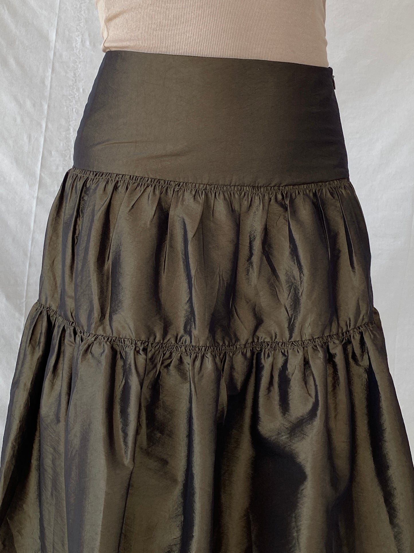 90e Morgan De Toi Metallic Olive Green Tiered Midi Skirt - M