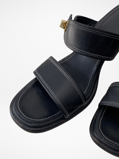 Vintage Coach Molly Black Leather Turnlock Block Heel Sandals - 38.5 EU