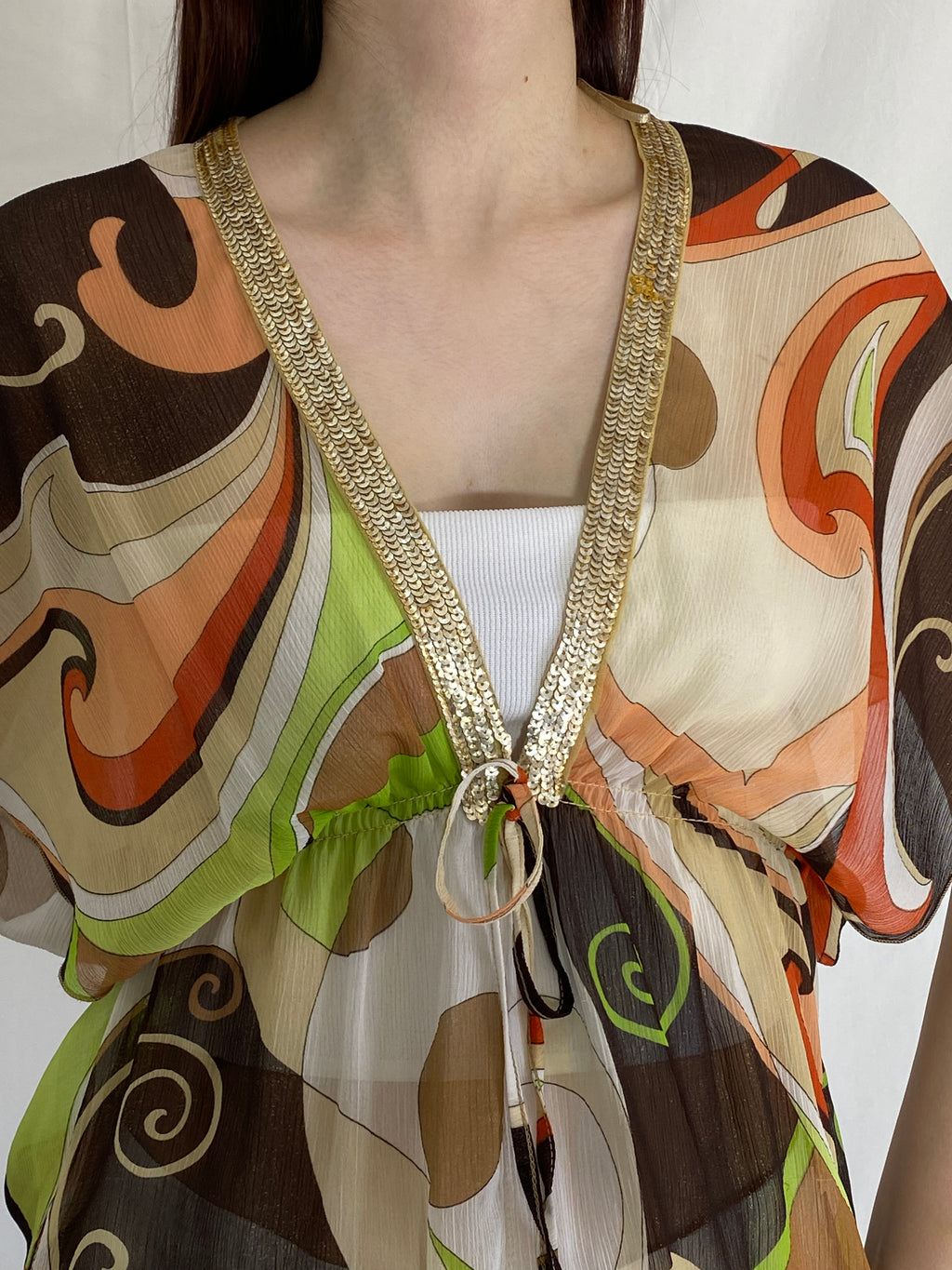 Y2K Quiz Groovy Sheer Boho Top Retro Print Glitter Trim Blouse - L