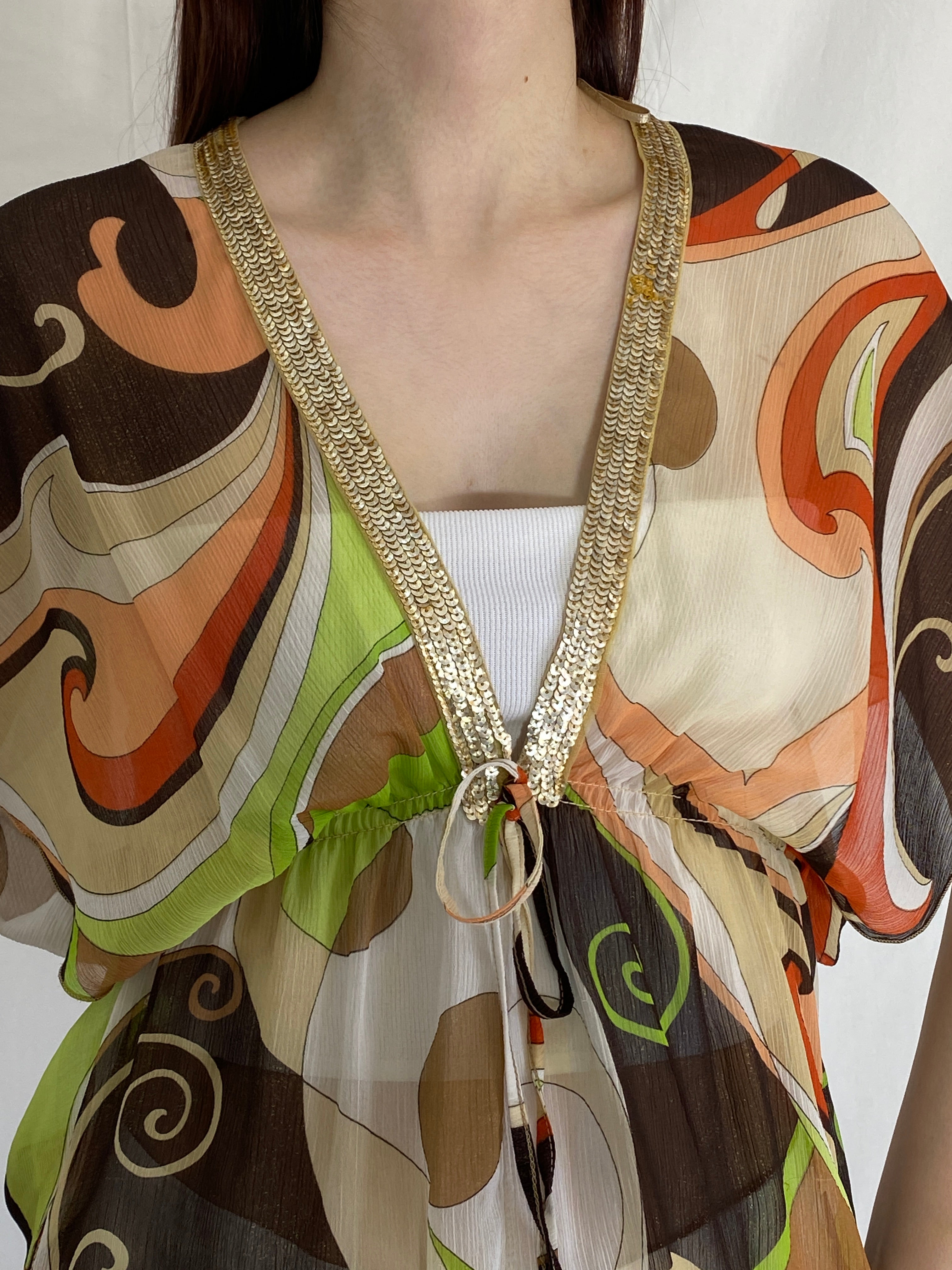 Y2K Quiz Groovy Sheer Boho Top Retro Print Glitter Trim Blouse - L