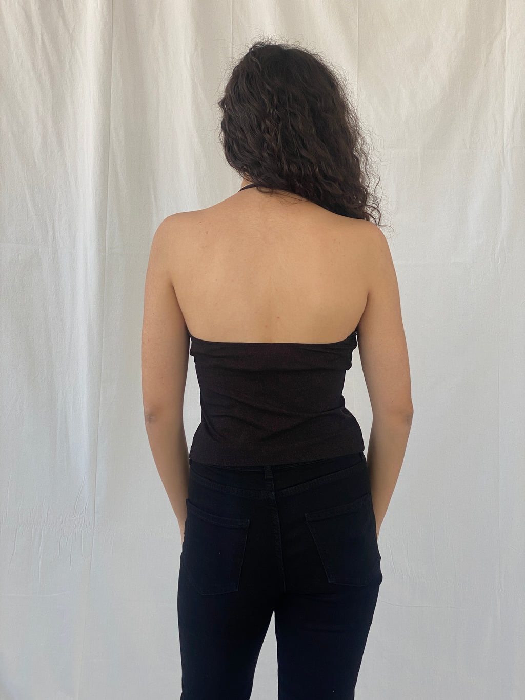 Vintage LA City Black Shimmery Red Halter Top - M