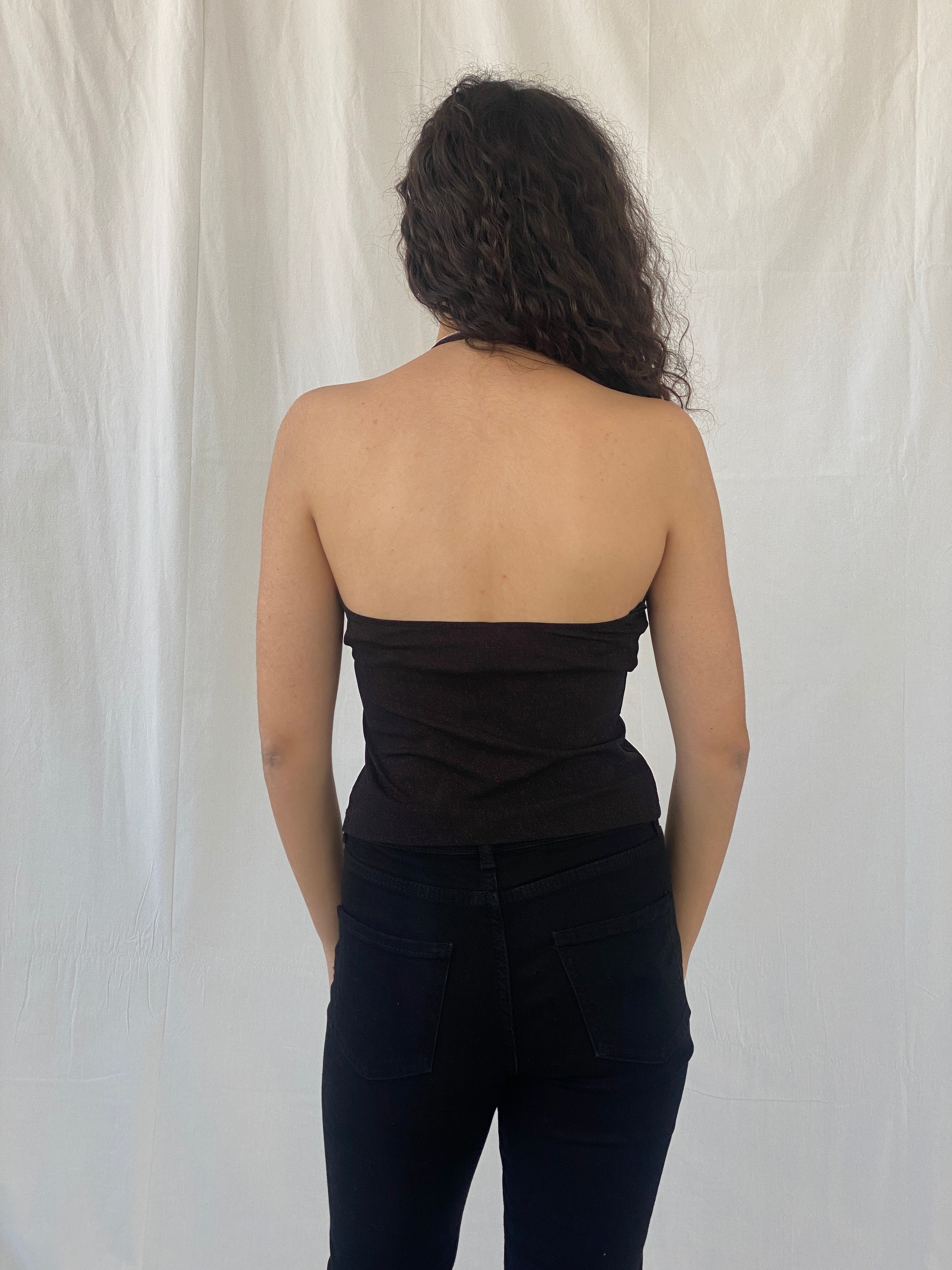Vintage LA City Black Shimmery Red Halter Top - M