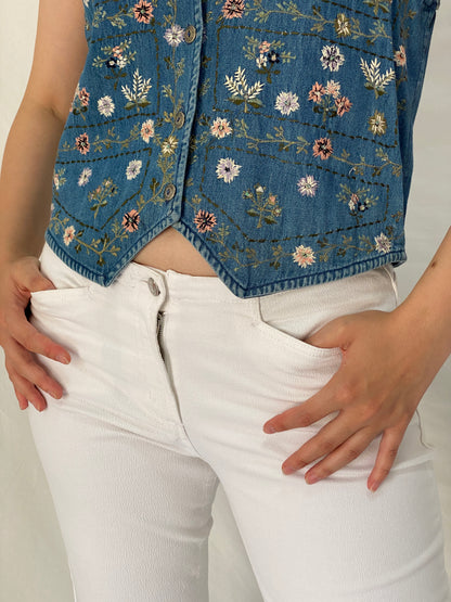 Vintage 90s New Directions Floral Embroidered Beaded Denim Vest – S
