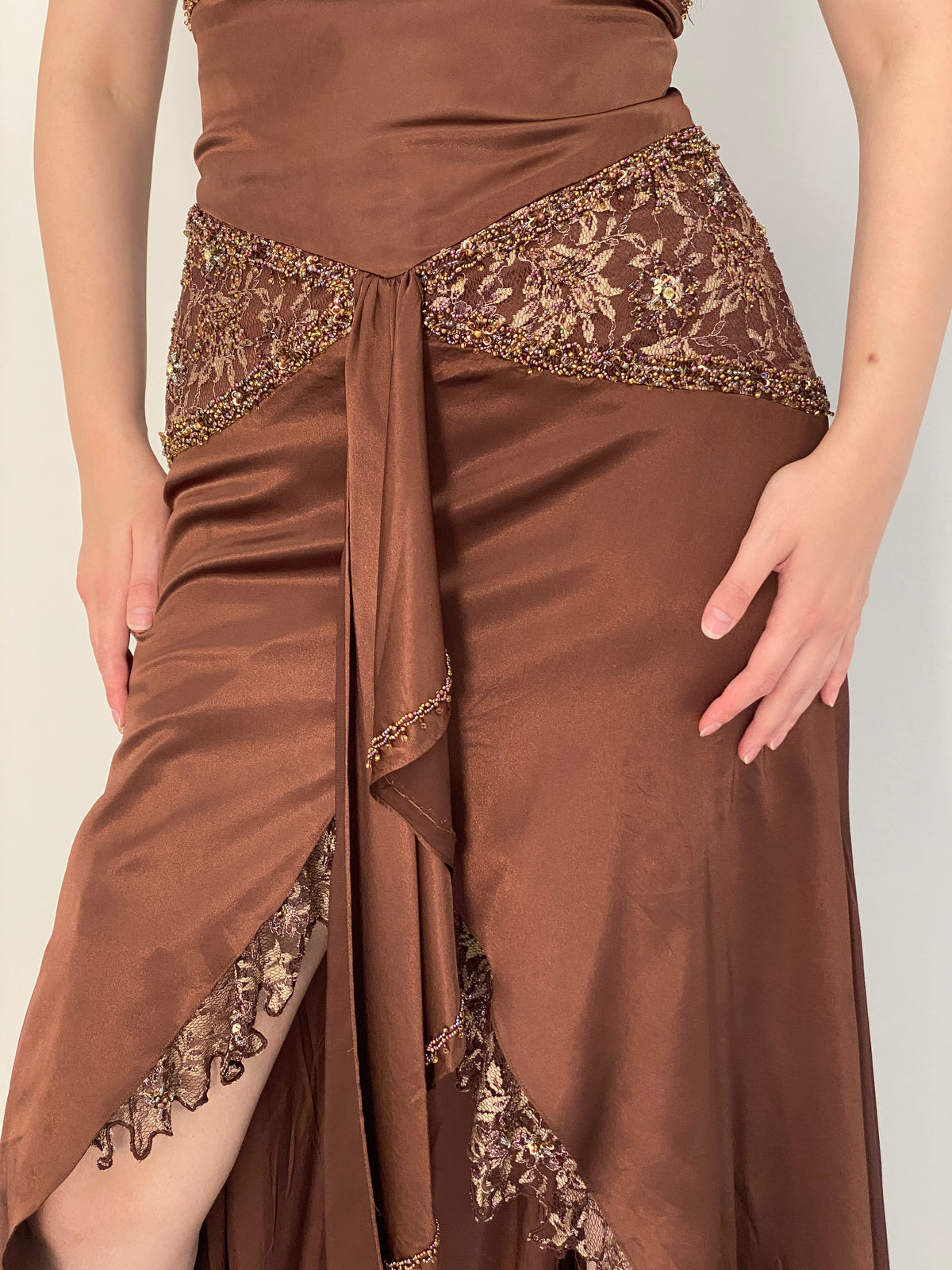 Vintage Party Time Brown Beaded Lace Strapless Formal Gown – M