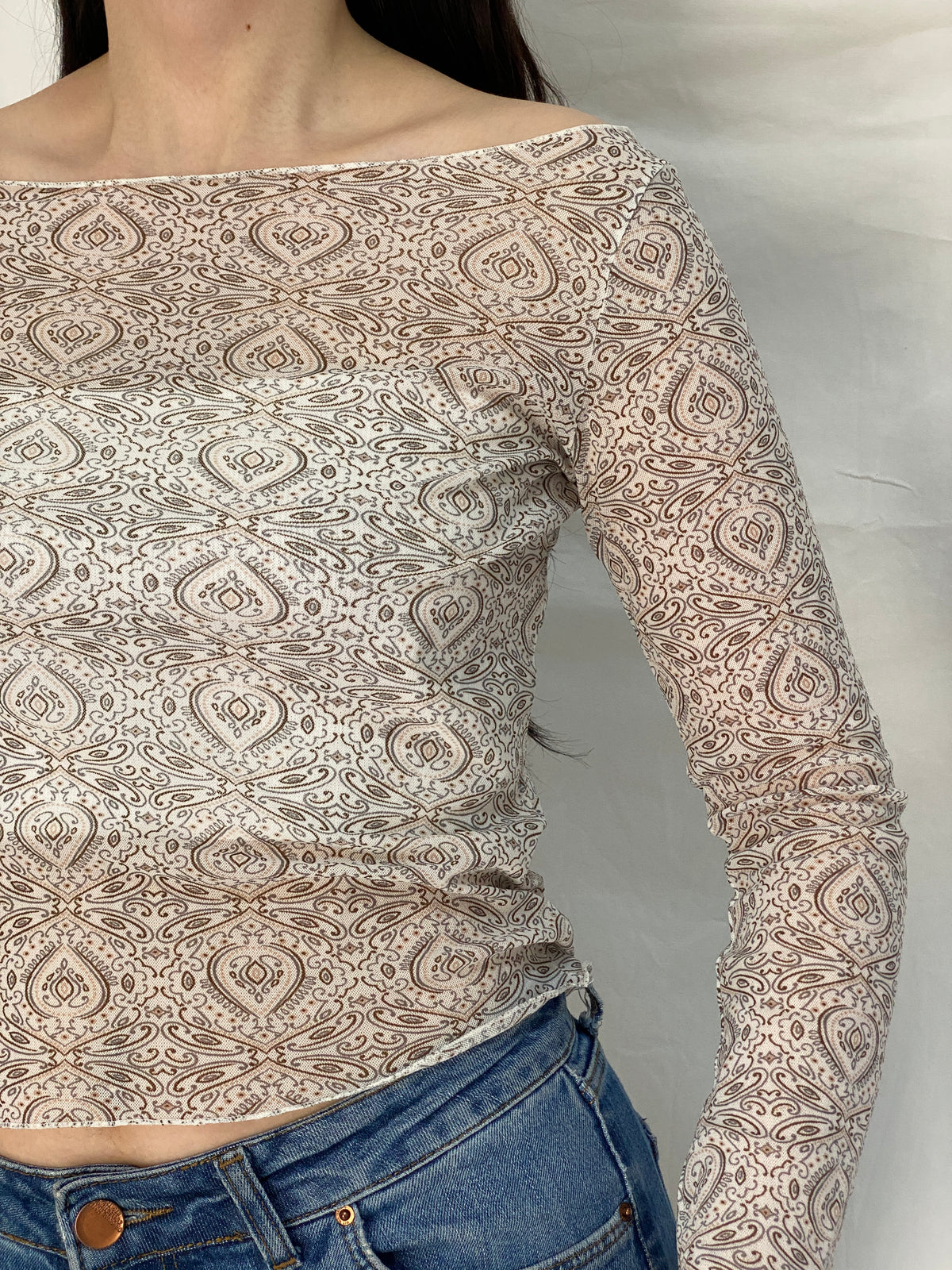 Y2K H&M Sheer Mesh Paisley Beige Brown Fitted Bell Sleeve Top – S Y2K H&M Sheer Mesh Paisley Beige Brown Fitted Bell Sleeve Top – S