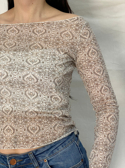 Y2K H&M Sheer Mesh Paisley Beige Brown Fitted Bell Sleeve Top – S