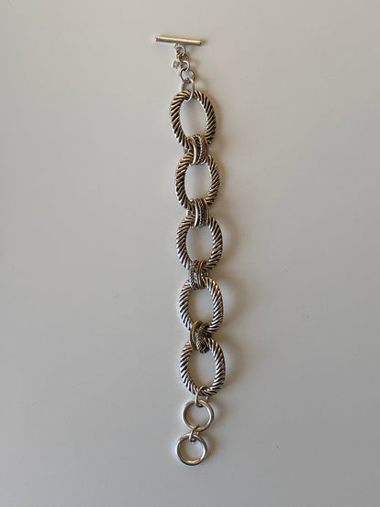 Vintage Chunky Textured Link Bracelet Silver & Gold-Tone Oval Links with Toggle Clasp