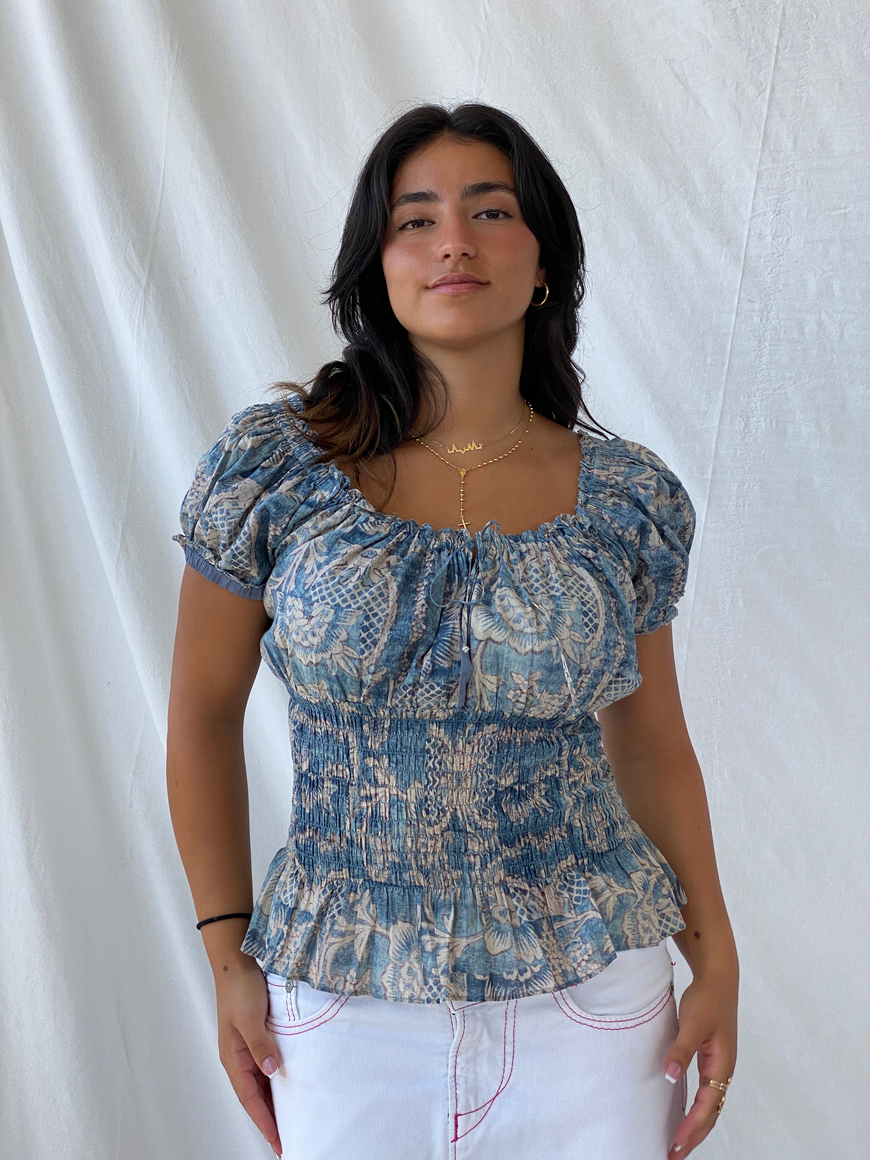 LRL Lauren JeansCo Cottage Core Blue Top