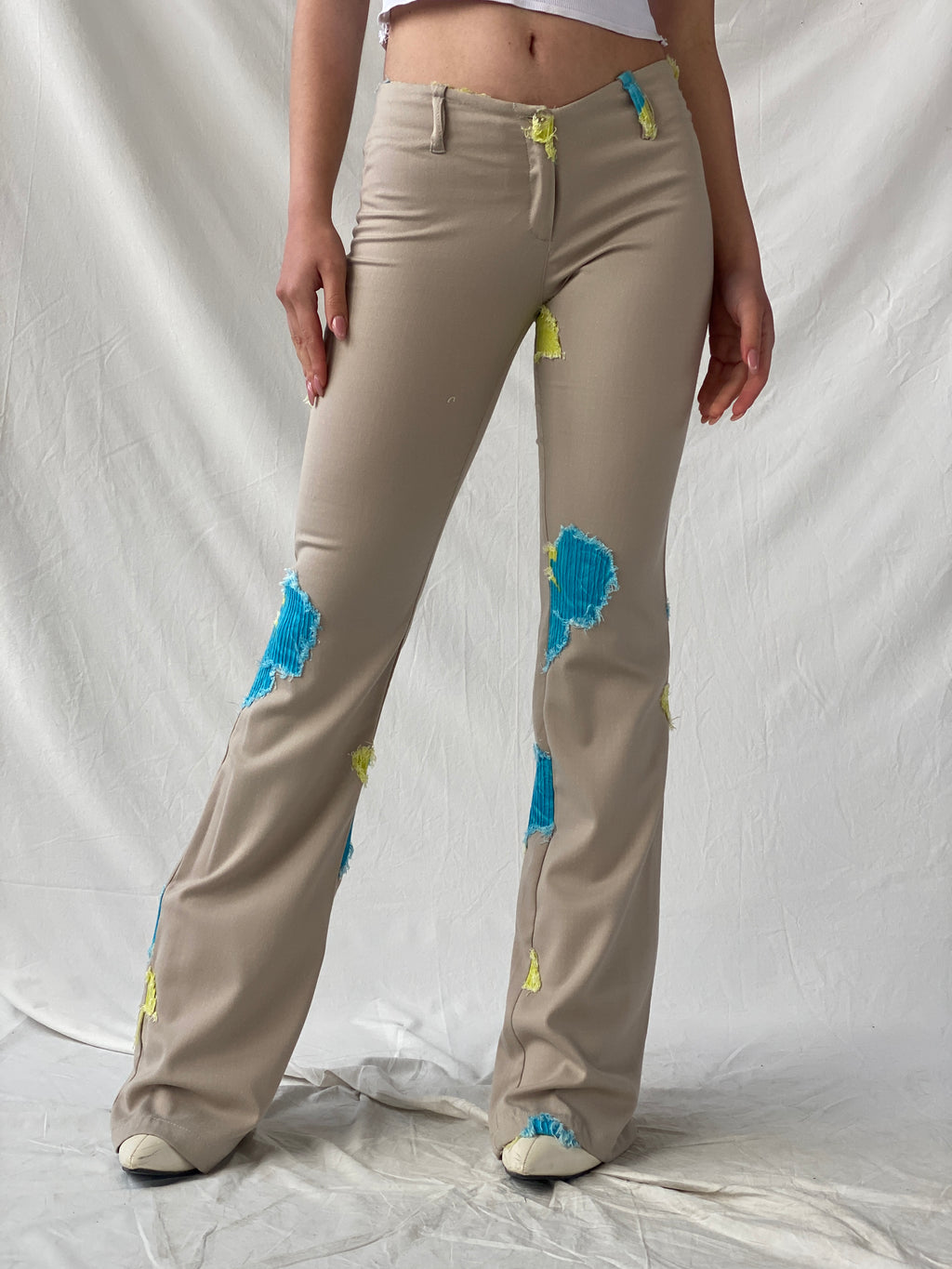 Free Style Beige Flared Blue and Yellow Patchwork Pants - XS