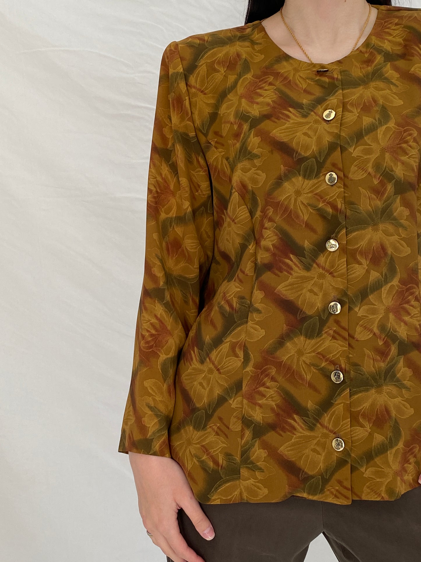 Vintage Handmade Floral Autumn Blouse Brown Mustard Button Front Long Sleeve Shirt - M