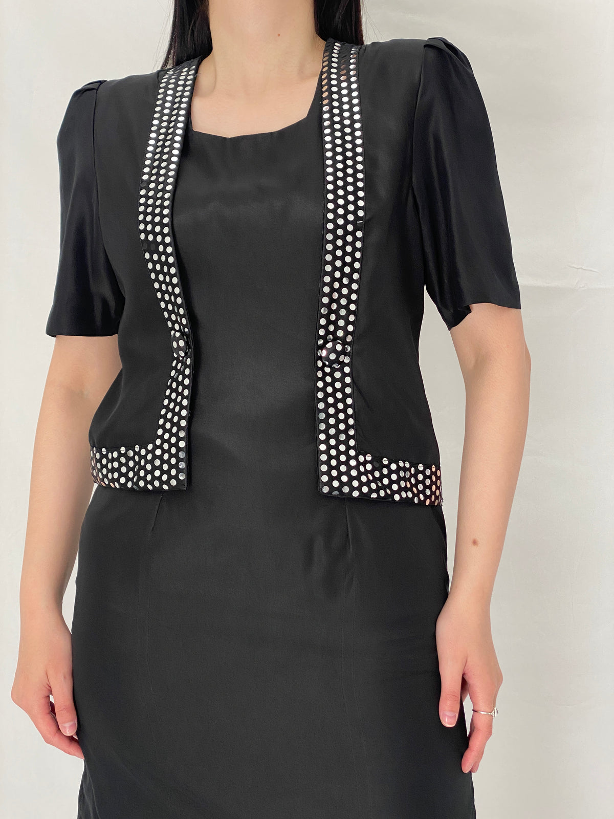 Vintage 90s Black Minimalist Shift Dress with Polka Dot Trim Detail - S Vintage 90s Black Minimalist Shift Dress with Polka Dot Trim Detail - S