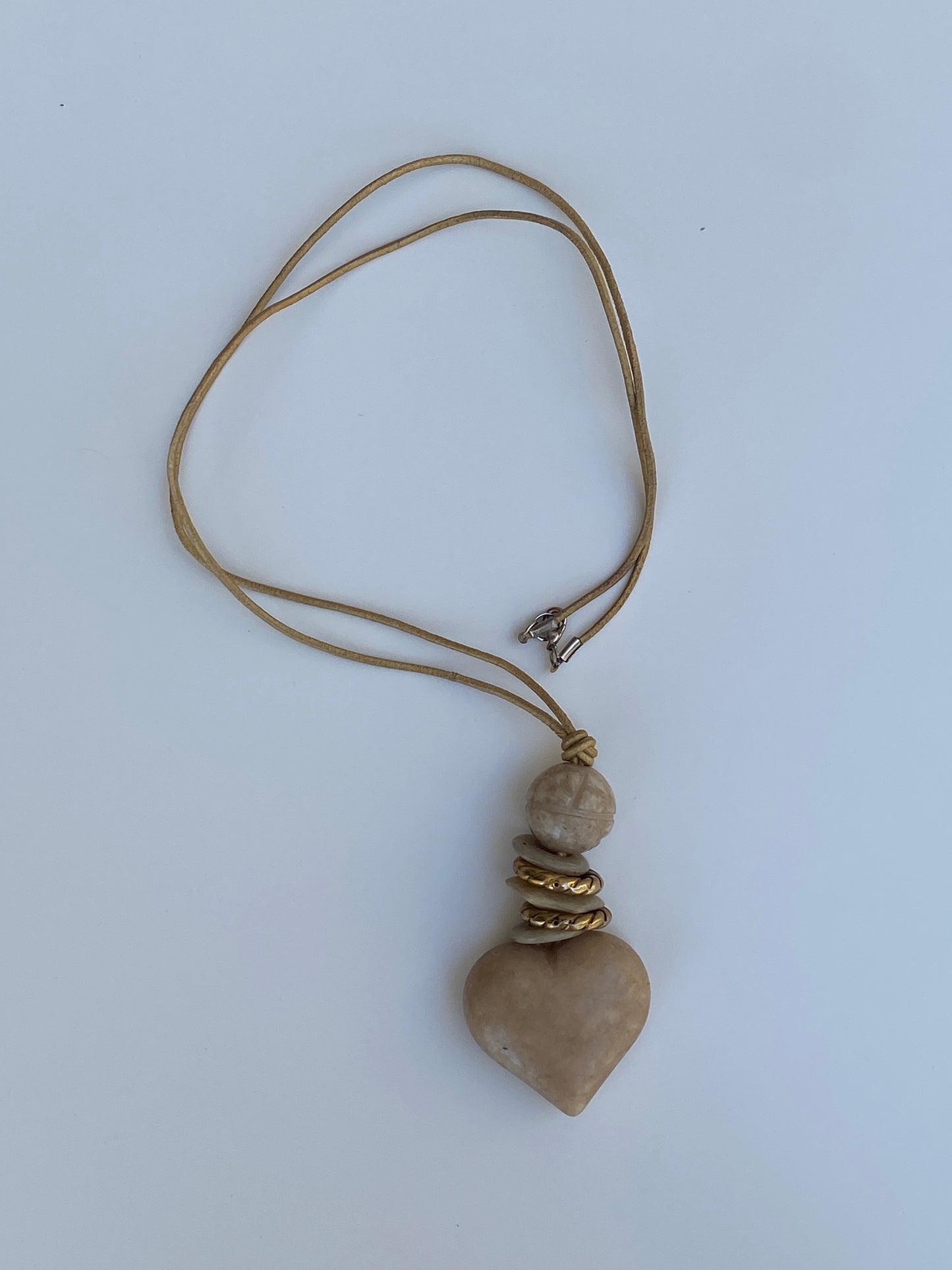 Vintage Artisan Heart Pendant Long Cord Beige Natural Stone Necklace