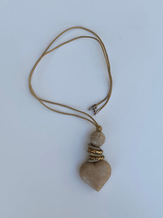 Vintage Artisan Heart Pendant Long Cord Beige Natural Stone Necklace