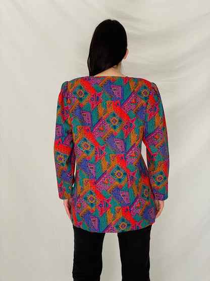 Vintage 90s Handmade Tribal Pop Statement Blazer Multicolor Geometric Art Jacket – L